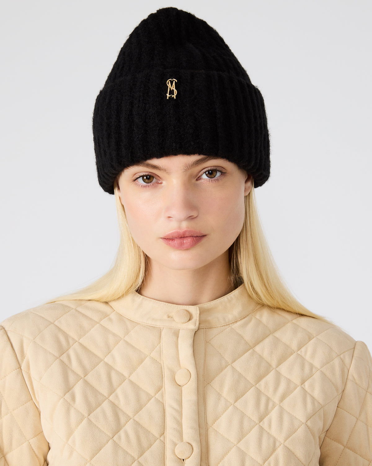 LOGO BEANIE Black Fuzzy RIbbed Knit Women's Beanie | Steve Madden Smart Buy