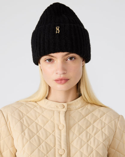 LOGO BEANIE Black Fuzzy RIbbed Knit Women's Beanie | Steve Madden Smart Buy