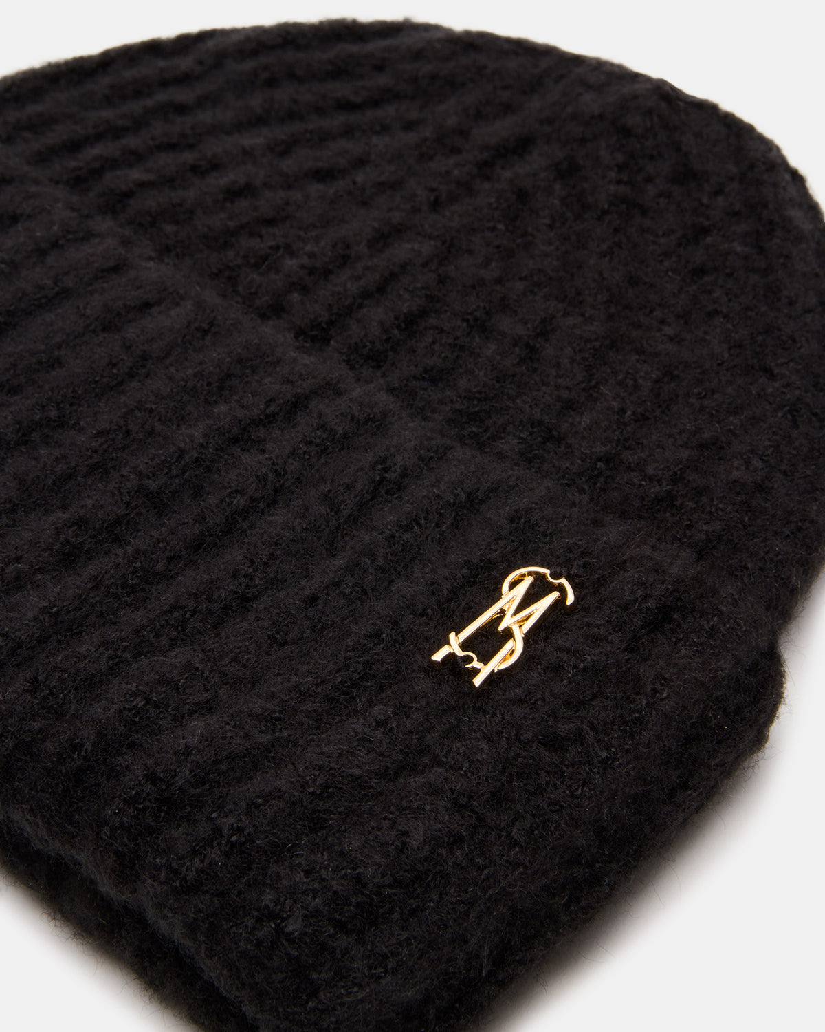 LOGO BEANIE Black Fuzzy RIbbed Knit Women's Beanie | Steve Madden Smart Buy