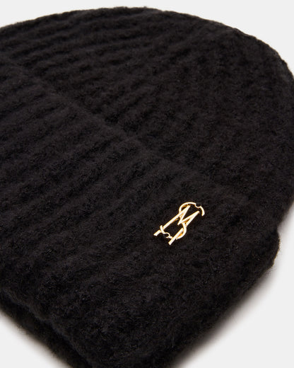 LOGO BEANIE Black Fuzzy RIbbed Knit Women's Beanie | Steve Madden Smart Buy