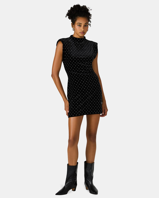 ASTORIA Black Rhinestone Embellished Velvet Shoulder Pads Bodycon Mini Women's Dress | Steve Madden Customer Favorite