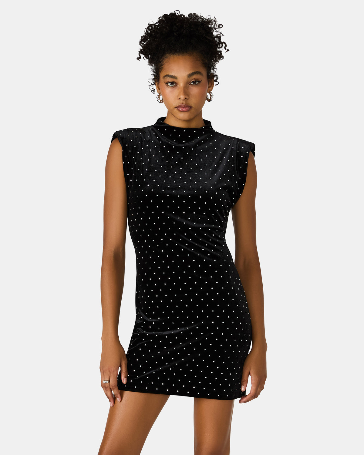 ASTORIA Black Rhinestone Embellished Velvet Shoulder Pads Bodycon Mini Women's Dress | Steve Madden Customer Favorite