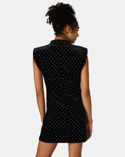 ASTORIA Black Rhinestone Embellished Velvet Shoulder Pads Bodycon Mini Women's Dress | Steve Madden Customer Favorite