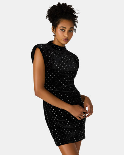 ASTORIA Black Rhinestone Embellished Velvet Shoulder Pads Bodycon Mini Women's Dress | Steve Madden Customer Favorite