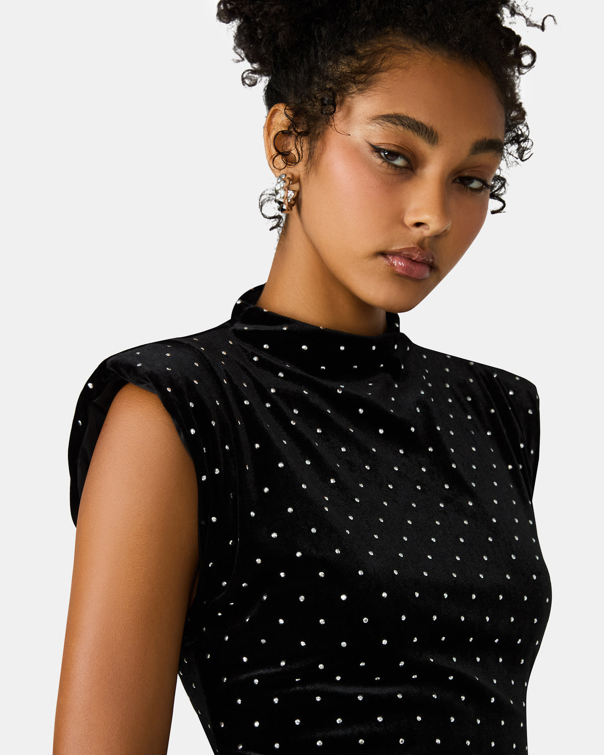 ASTORIA Black Rhinestone Embellished Velvet Shoulder Pads Bodycon Mini Women's Dress | Steve Madden Customer Favorite