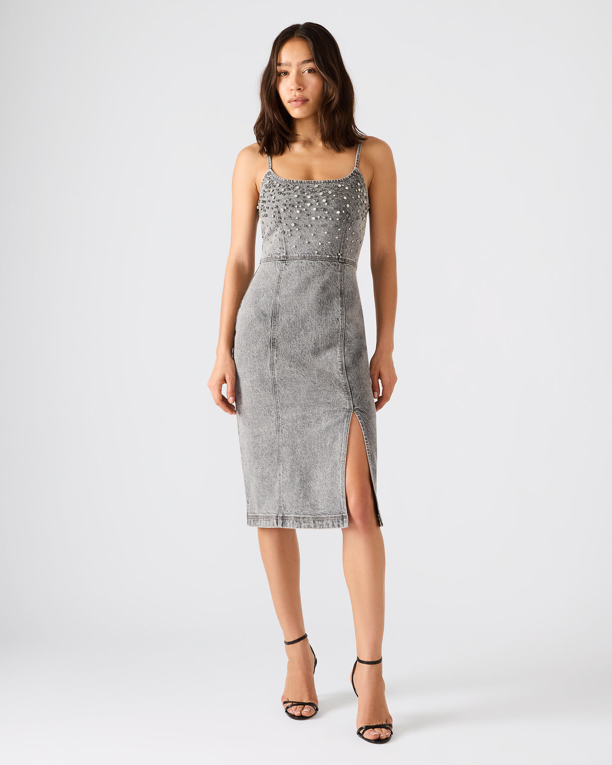 EMBELLISHED GISELLE Fog Denim Midi Women's Dress with Slit | Steve Madden Signature