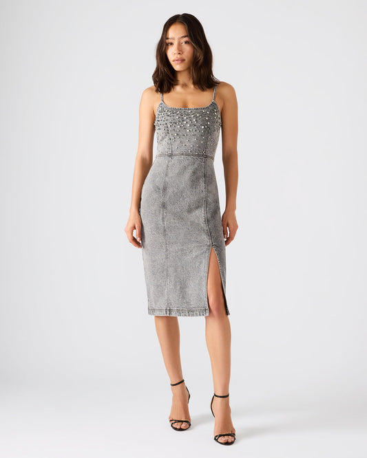 EMBELLISHED GISELLE Fog Denim Midi Women's Dress with Slit | Steve Madden Signature