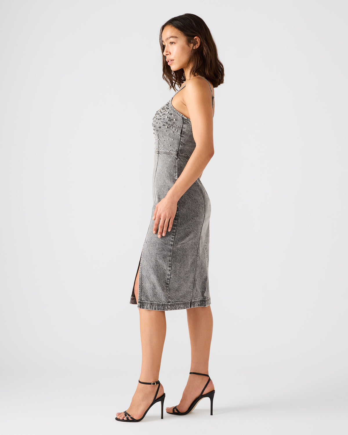 EMBELLISHED GISELLE Fog Denim Midi Women's Dress with Slit | Steve Madden Signature