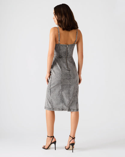 EMBELLISHED GISELLE Fog Denim Midi Women's Dress with Slit | Steve Madden Signature