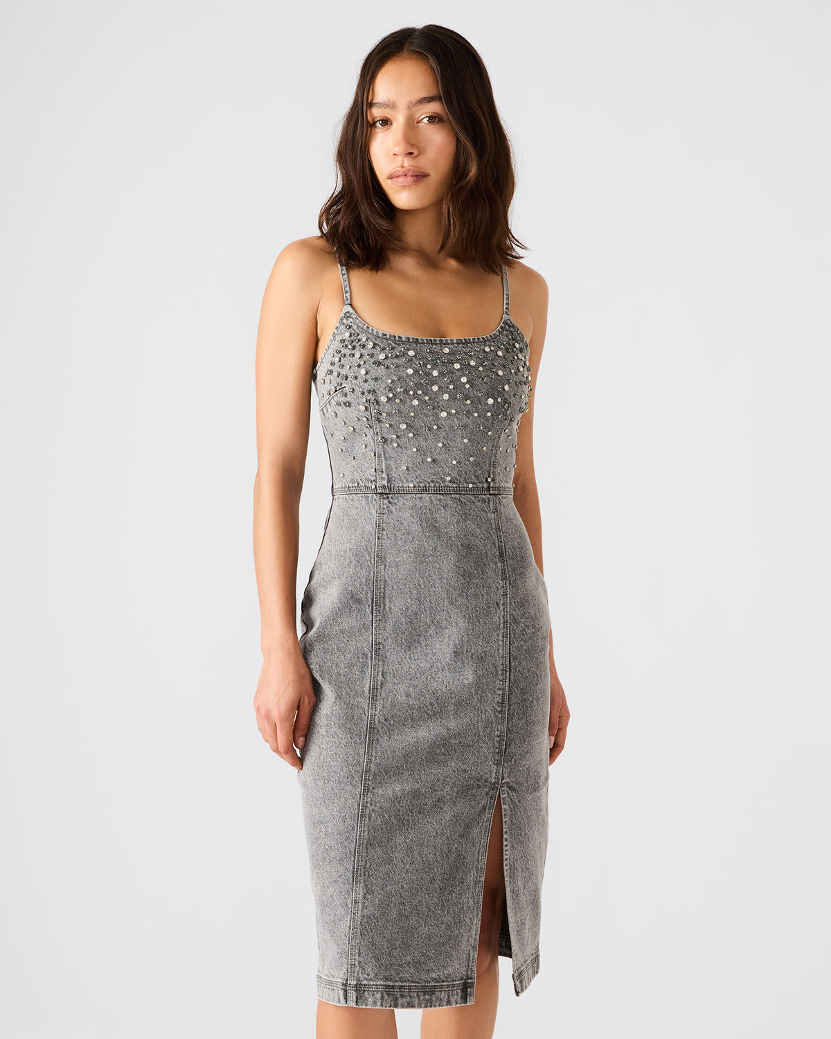 EMBELLISHED GISELLE Fog Denim Midi Women's Dress with Slit | Steve Madden Signature