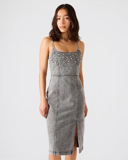 EMBELLISHED GISELLE Fog Denim Midi Women's Dress with Slit | Steve Madden Signature