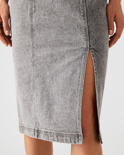 EMBELLISHED GISELLE Fog Denim Midi Women's Dress with Slit | Steve Madden Signature