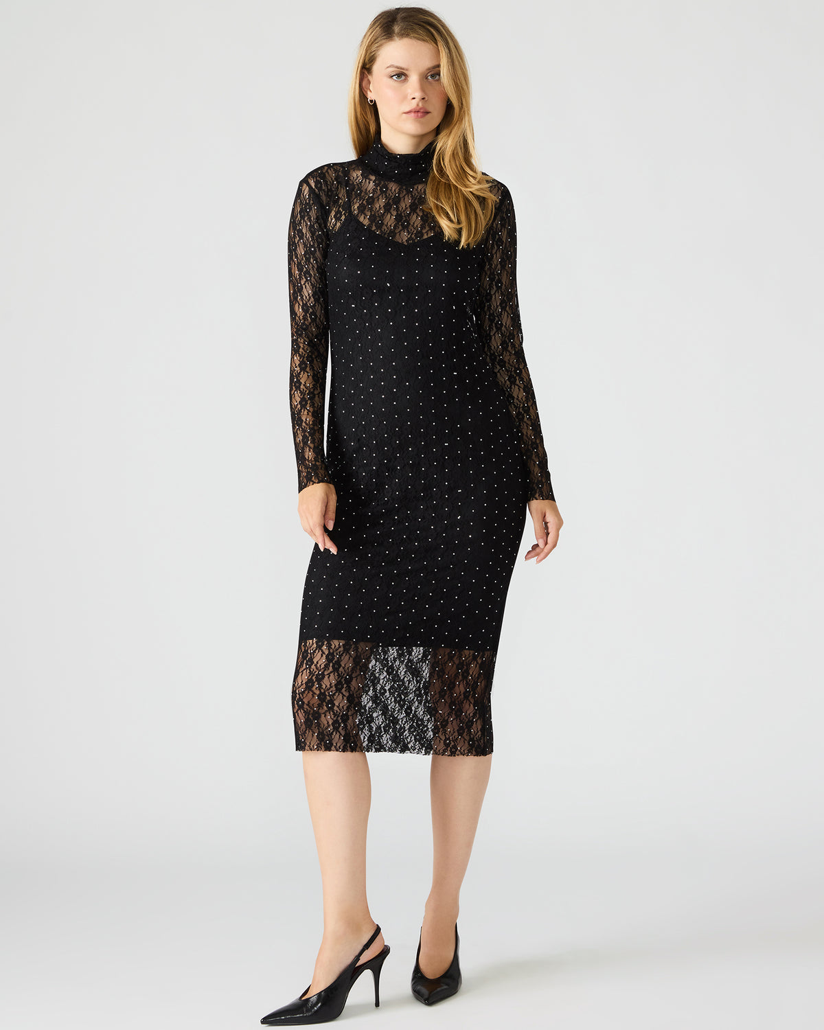 VIVIENNE Black Studded Lace Women's Mock Neck Midi Dress | Steve Madden Best Price
