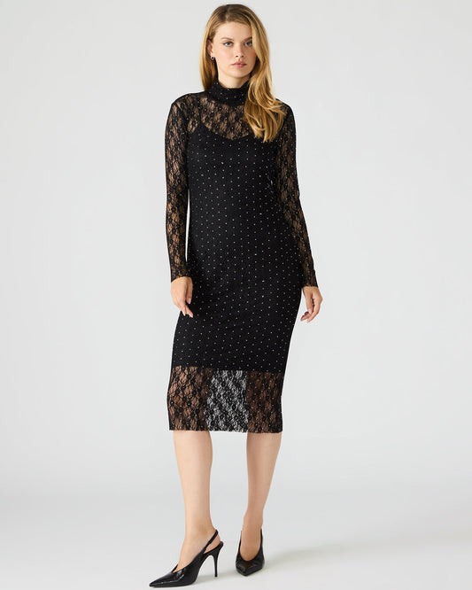 VIVIENNE Black Studded Lace Women's Mock Neck Midi Dress | Steve Madden Best Price