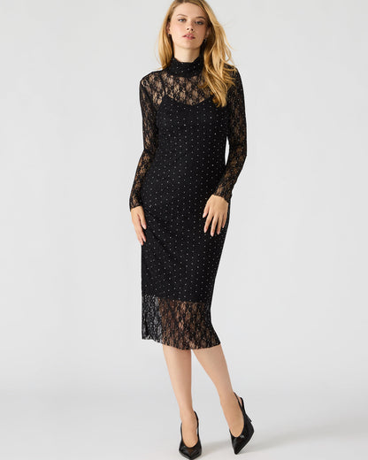 VIVIENNE Black Studded Lace Women's Mock Neck Midi Dress | Steve Madden Best Price