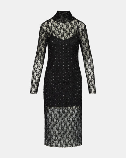 VIVIENNE Black Studded Lace Women's Mock Neck Midi Dress | Steve Madden Best Price