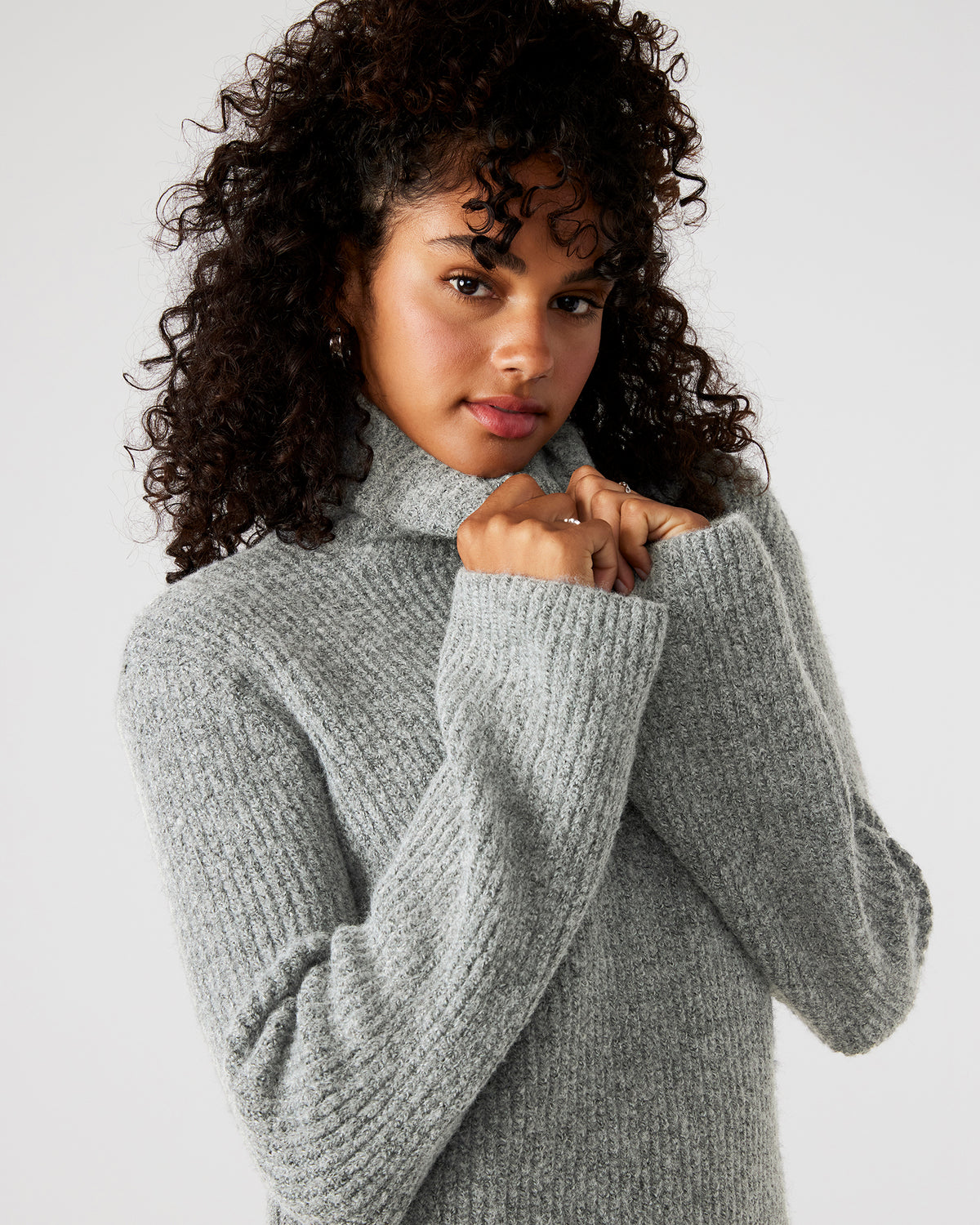 ABBIE Sweater Dress Grey | Mini Turtleneck Flared Sleeve Dress | Steve Madden Deals