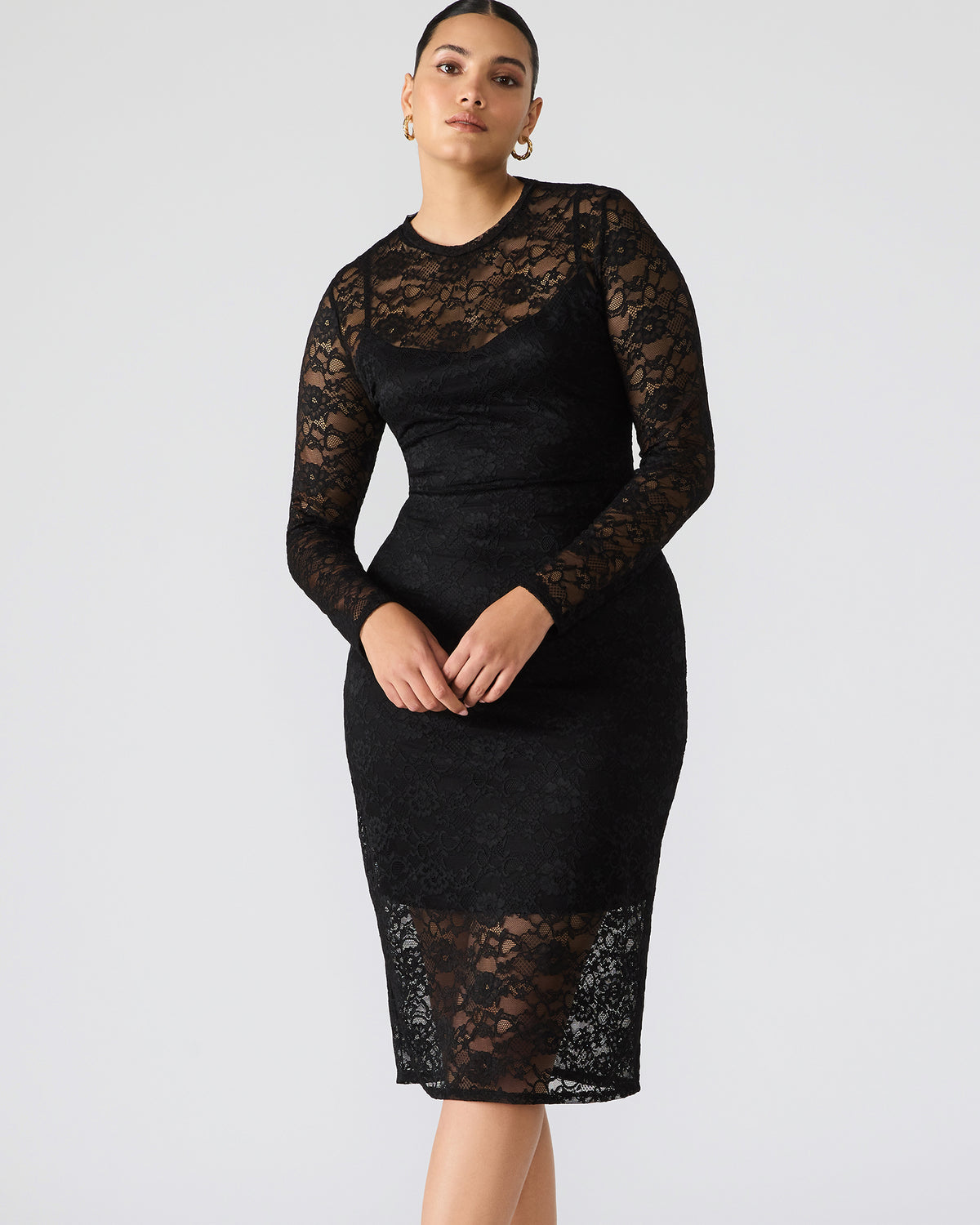 HAILEE Lace Black Long-Sleeved Mesh Pull-On Mock Neck Midi Women's Dress | Steve Madden Signature