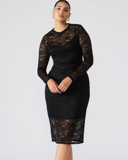 HAILEE Lace Black Long-Sleeved Mesh Pull-On Mock Neck Midi Women's Dress | Steve Madden Signature