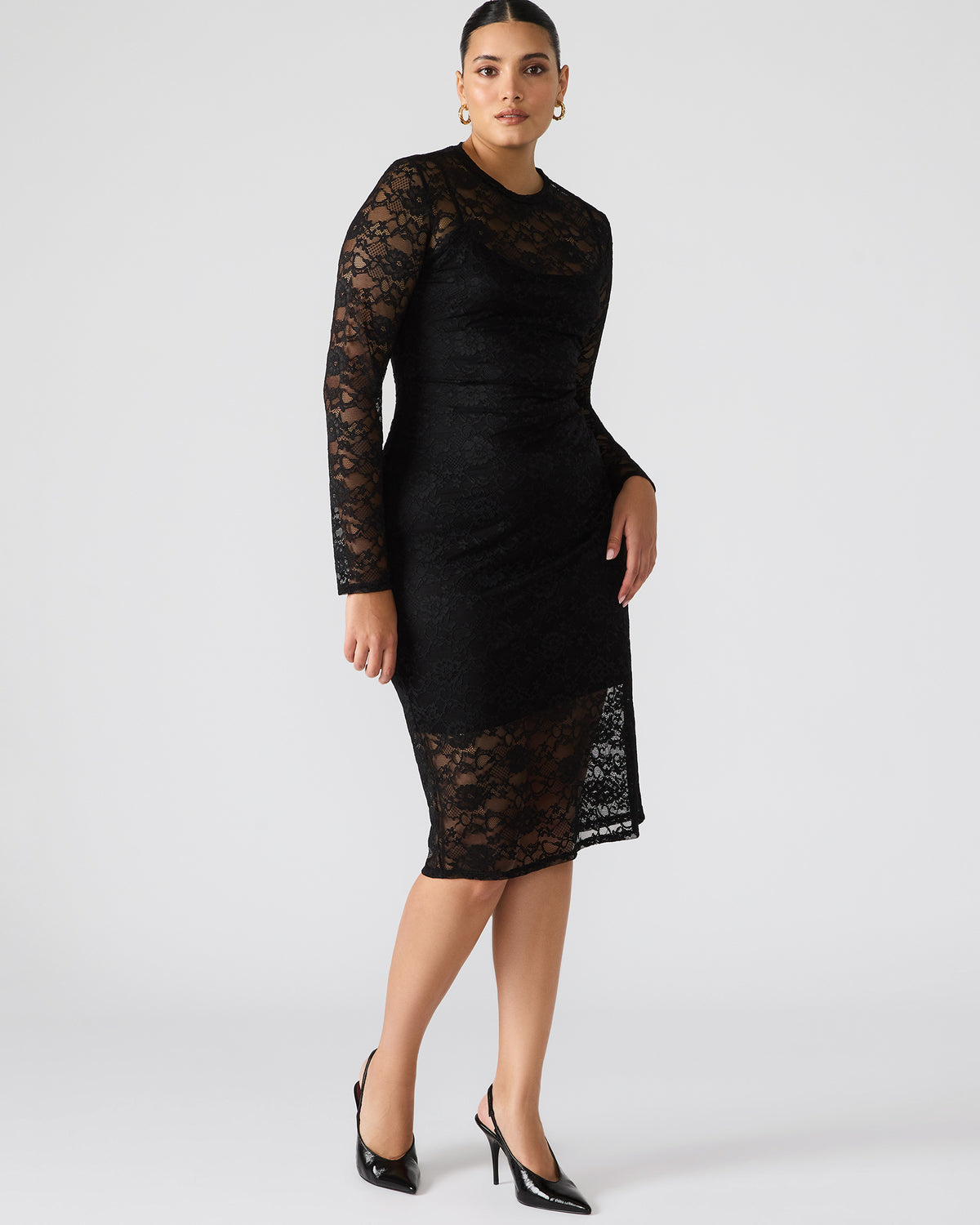 HAILEE Lace Black Long-Sleeved Mesh Pull-On Mock Neck Midi Women's Dress | Steve Madden Signature