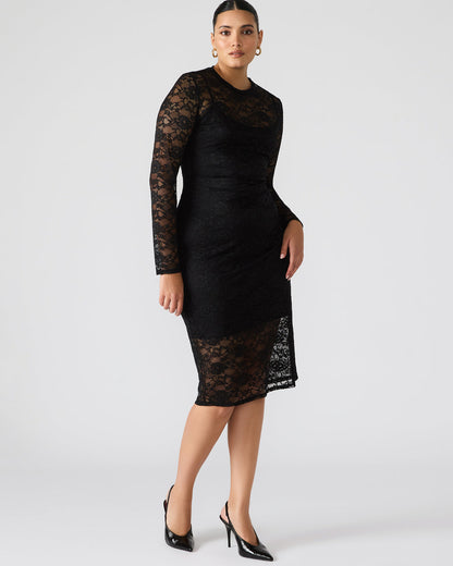 HAILEE Lace Black Long-Sleeved Mesh Pull-On Mock Neck Midi Women's Dress | Steve Madden Signature