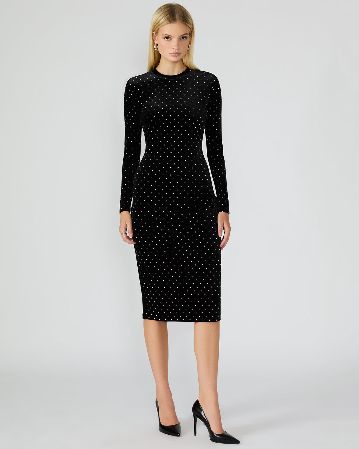 HAILEE Black Studded Velvet Long-Sleeved Pull-On Mock Neck Midi Women's Dress | Steve Madden Featured