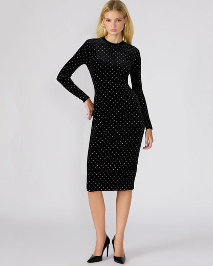 HAILEE Black Studded Velvet Long-Sleeved Pull-On Mock Neck Midi Women's Dress | Steve Madden Featured