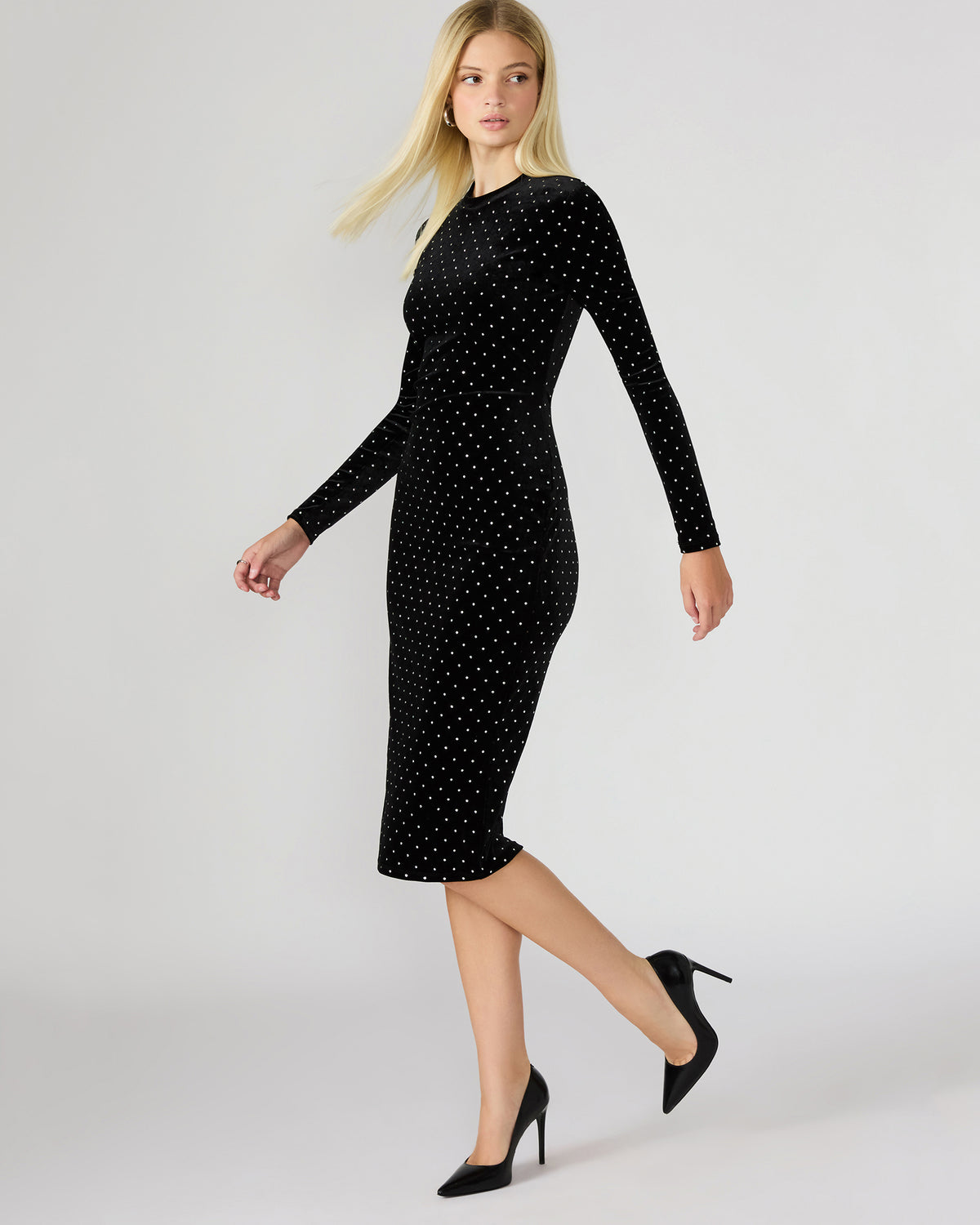 HAILEE Black Studded Velvet Long-Sleeved Pull-On Mock Neck Midi Women's Dress | Steve Madden Featured
