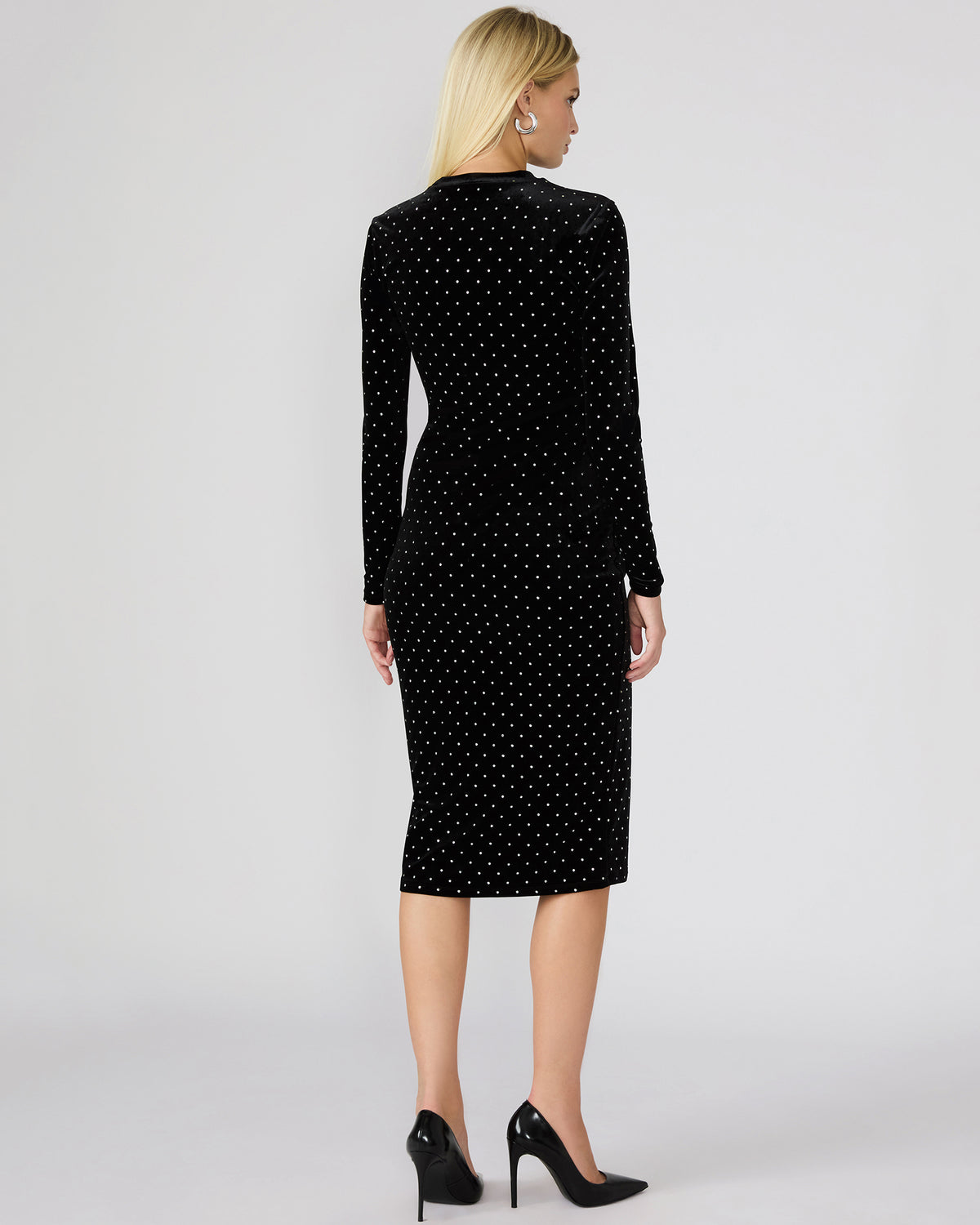 HAILEE Black Studded Velvet Long-Sleeved Pull-On Mock Neck Midi Women's Dress | Steve Madden Featured