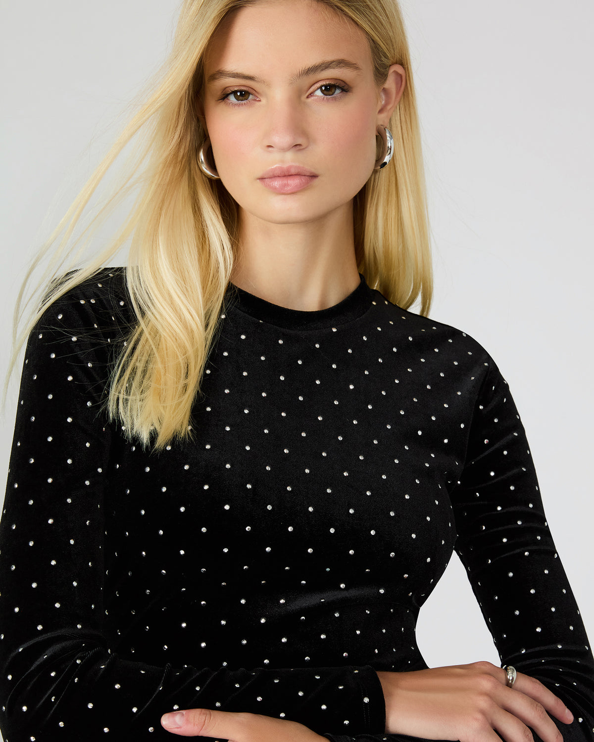 HAILEE Black Studded Velvet Long-Sleeved Pull-On Mock Neck Midi Women's Dress | Steve Madden Featured