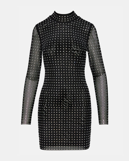 KRISTA Black Women's Long-Sleeved Bodycon Rhinestone Mini Dress | Steve Madden Hot Sale