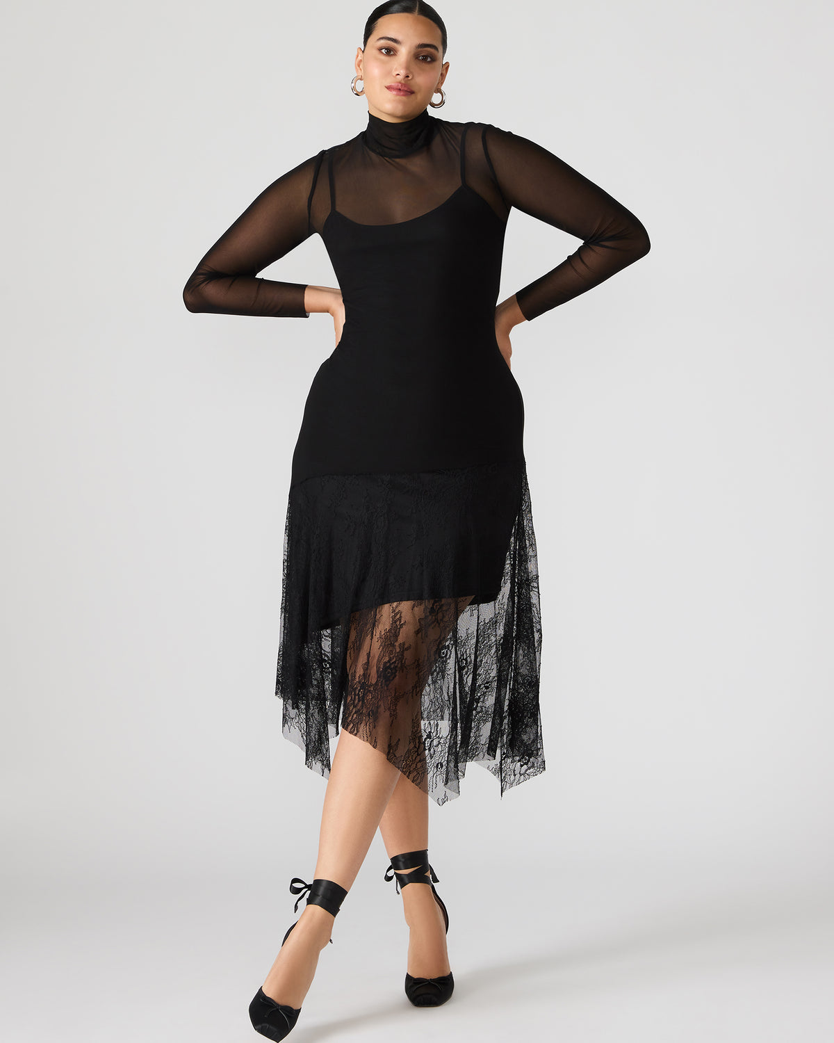 SILAS Black Long-Sleeved Mesh Lace Overylay Flowy Women's Dress | Steve Madden Exclusive