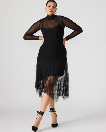 SILAS Black Long-Sleeved Mesh Lace Overylay Flowy Women's Dress | Steve Madden Exclusive