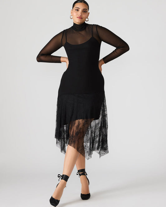 SILAS Black Long-Sleeved Mesh Lace Overylay Flowy Women's Dress | Steve Madden Exclusive