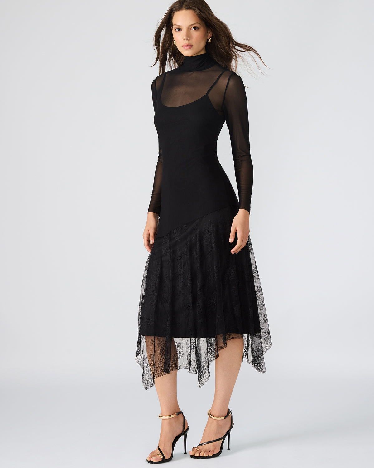 SILAS Black Long-Sleeved Mesh Lace Overylay Flowy Women's Dress | Steve Madden Exclusive