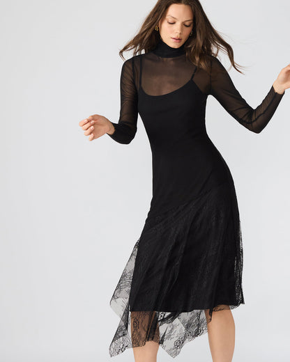 SILAS Black Long-Sleeved Mesh Lace Overylay Flowy Women's Dress | Steve Madden Exclusive
