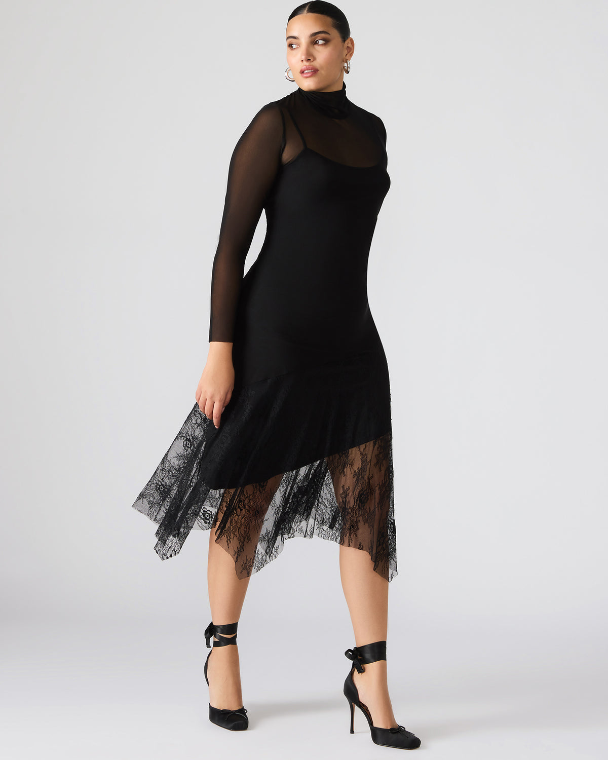 SILAS Black Long-Sleeved Mesh Lace Overylay Flowy Women's Dress | Steve Madden Exclusive