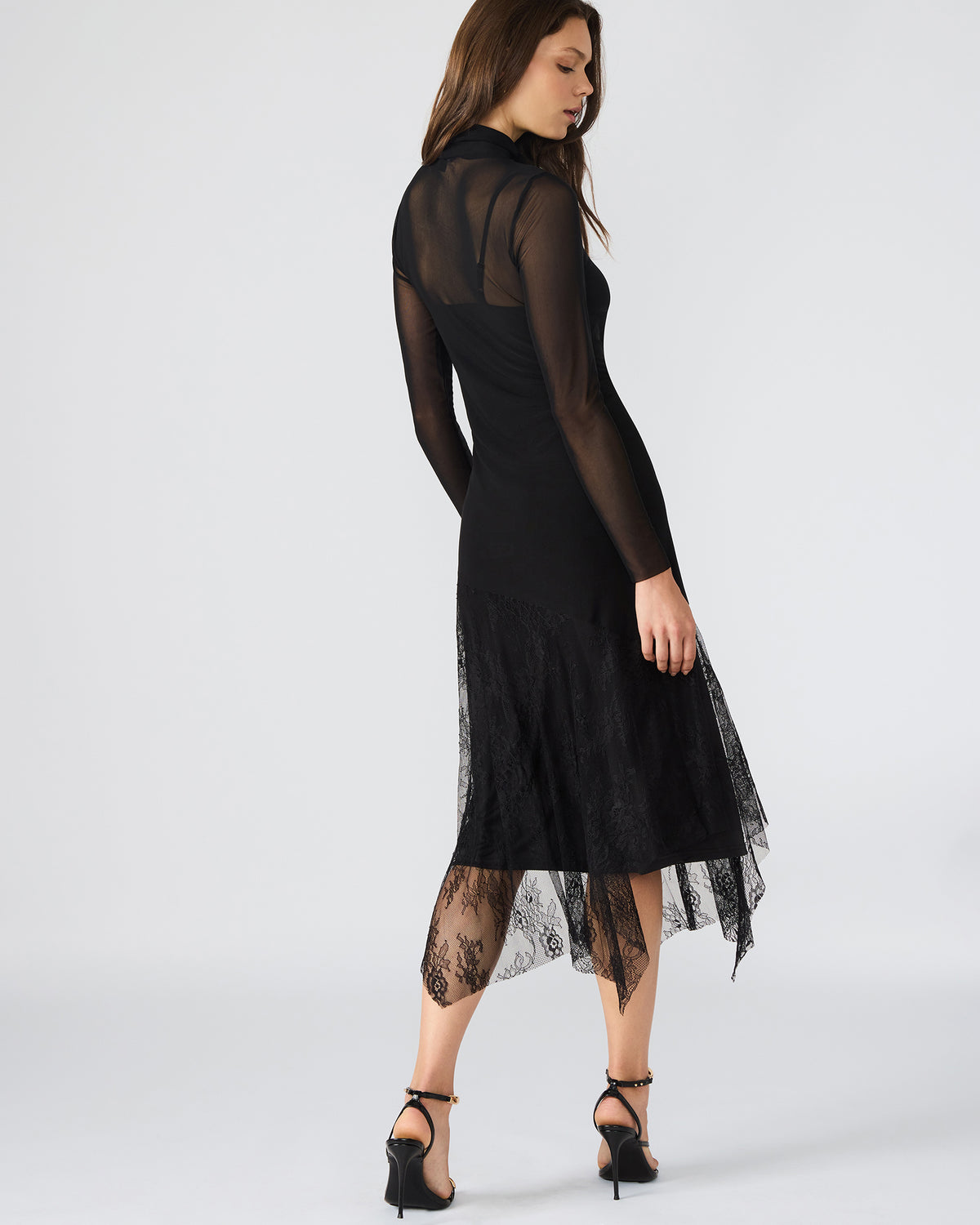 SILAS Black Long-Sleeved Mesh Lace Overylay Flowy Women's Dress | Steve Madden Exclusive