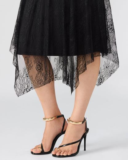 SILAS Black Long-Sleeved Mesh Lace Overylay Flowy Women's Dress | Steve Madden Exclusive