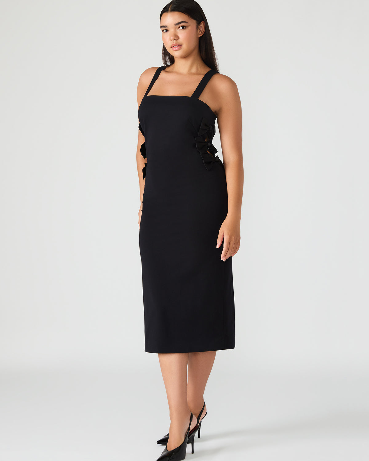 RENE Black Form-Fitting Bow Women's Midi Dress | Steve Madden Everyday