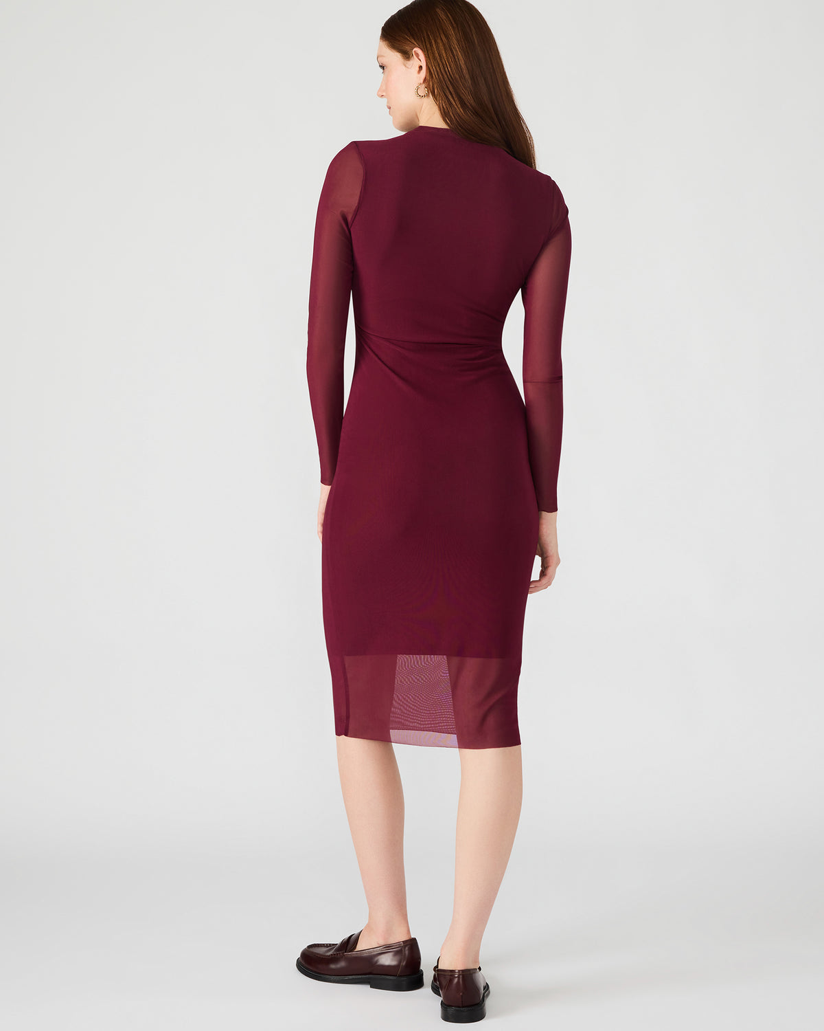 HAILEE Wine Long-Sleeved Mesh Pull-On Mock Neck Midi Women's Dress | Steve Madden Smart Buy