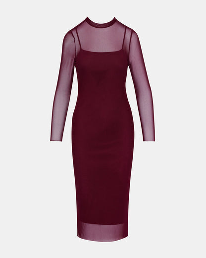 HAILEE Wine Long-Sleeved Mesh Pull-On Mock Neck Midi Women's Dress | Steve Madden Smart Buy