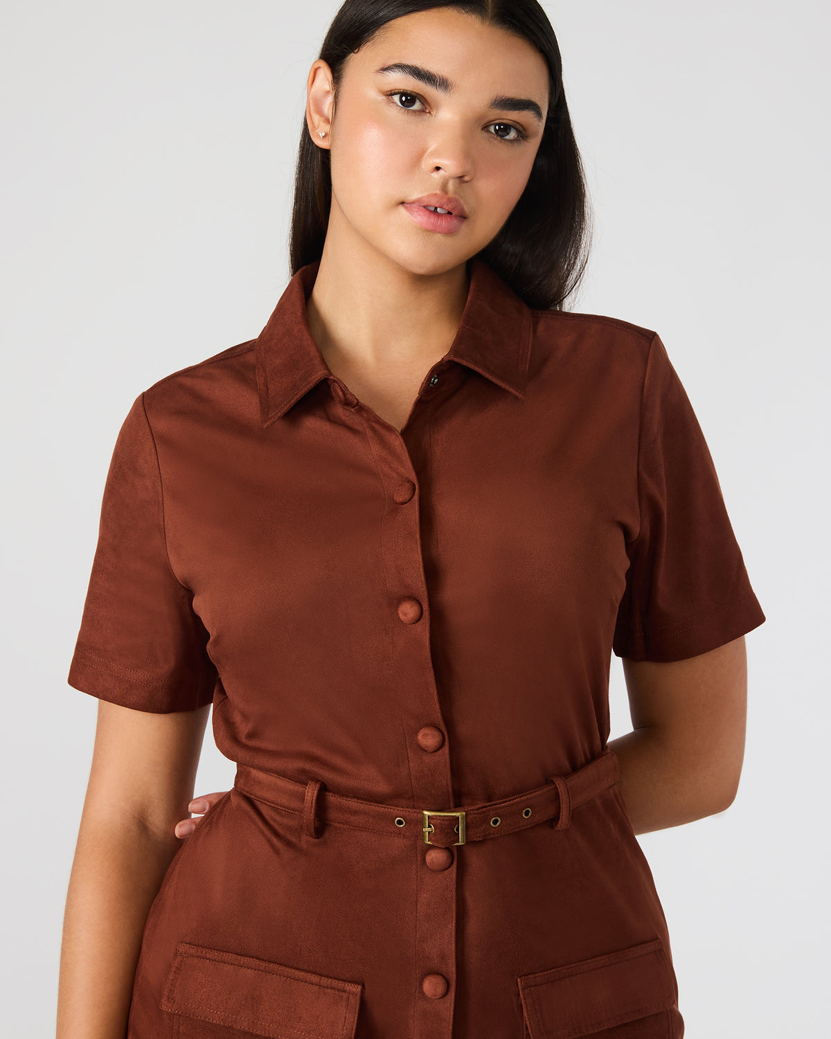 JOLIANA Dark Fig Short-Sleeved Mini Button-Up Women's Dress | Steve Madden Special Offer