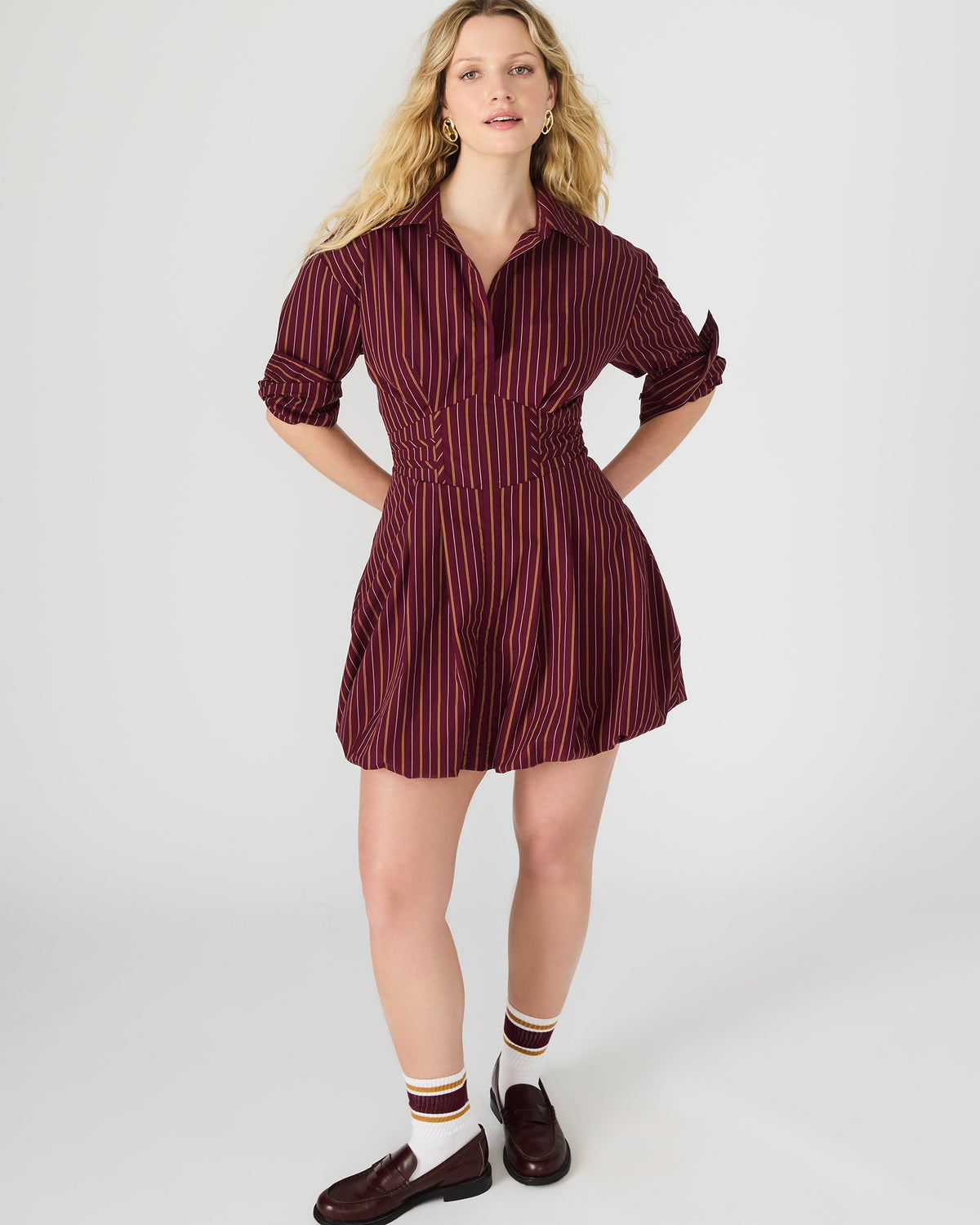 ARIELLE Wine Long-Sleeved Button-Up Bubble Women's Dress | Steve Madden Smart Buy