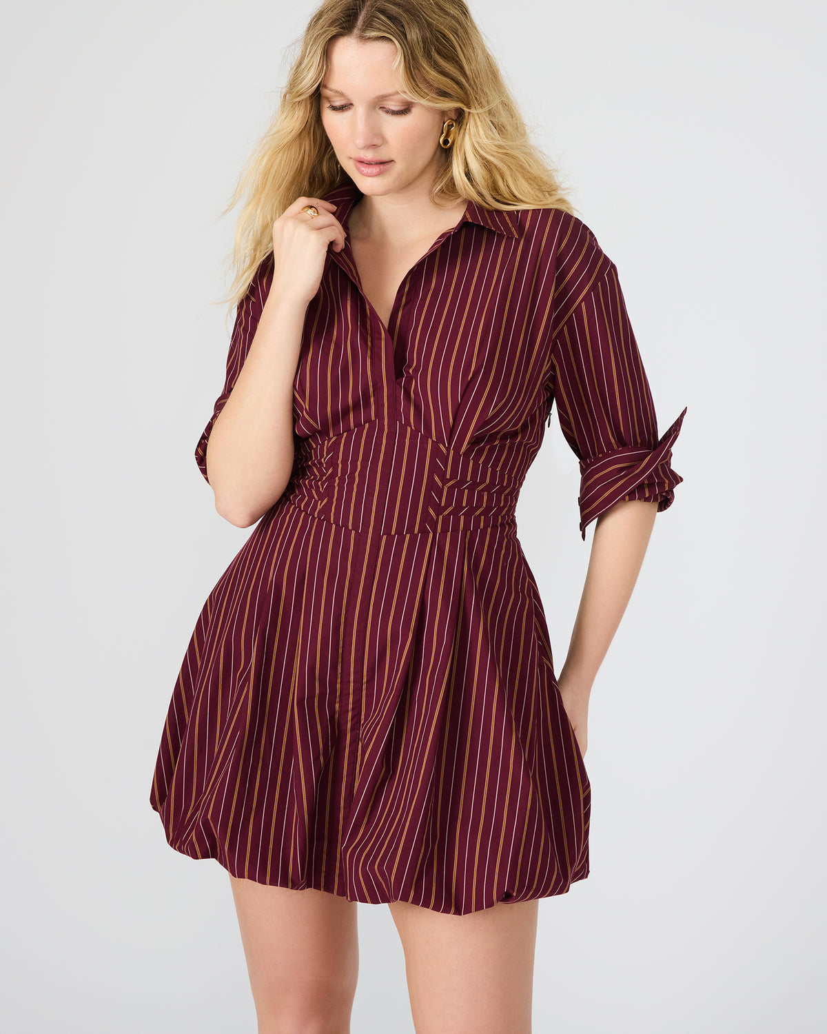ARIELLE Wine Long-Sleeved Button-Up Bubble Women's Dress | Steve Madden Smart Buy