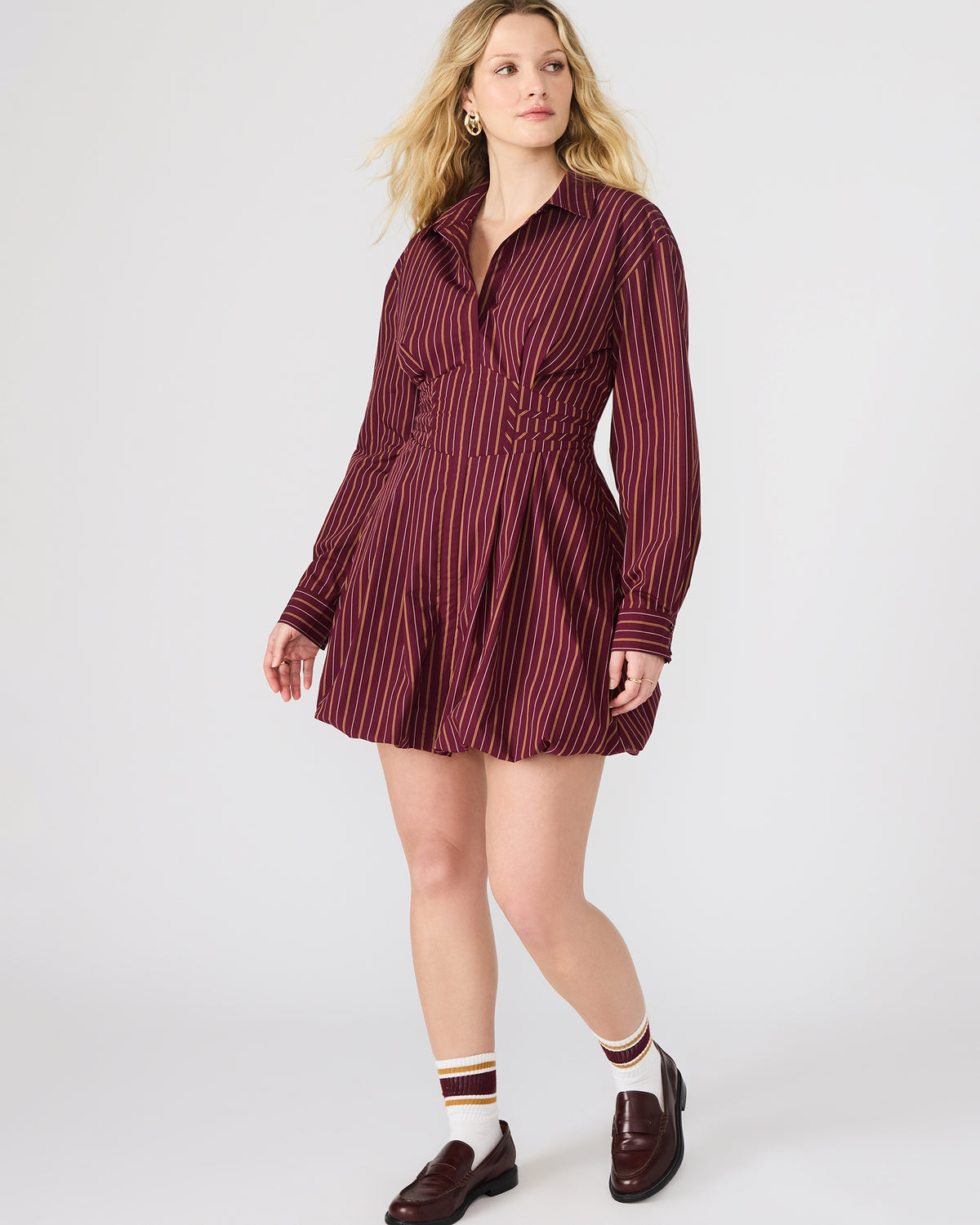ARIELLE Wine Long-Sleeved Button-Up Bubble Women's Dress | Steve Madden Smart Buy