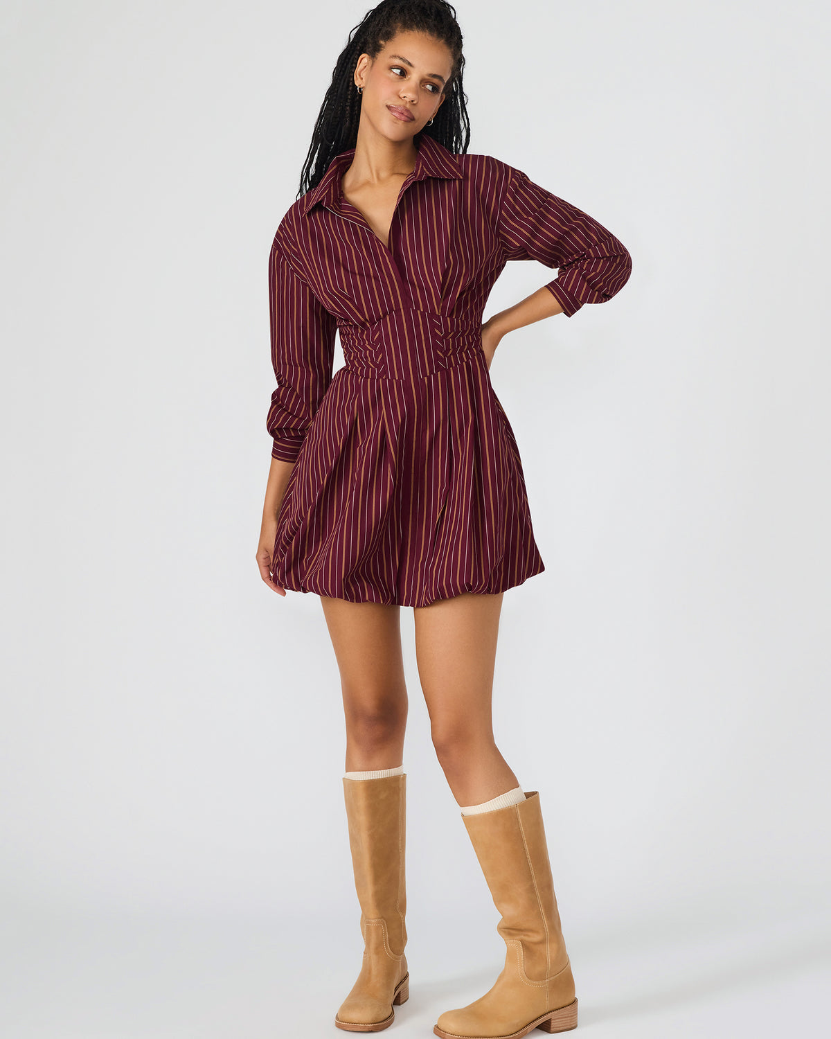 ARIELLE Wine Long-Sleeved Button-Up Bubble Women's Dress | Steve Madden Smart Buy