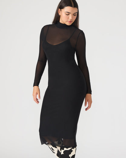 HAILEE Black Long-Sleeved Mesh Pull-On Mock Neck Midi Women's Dress | Steve Madden Exclusive