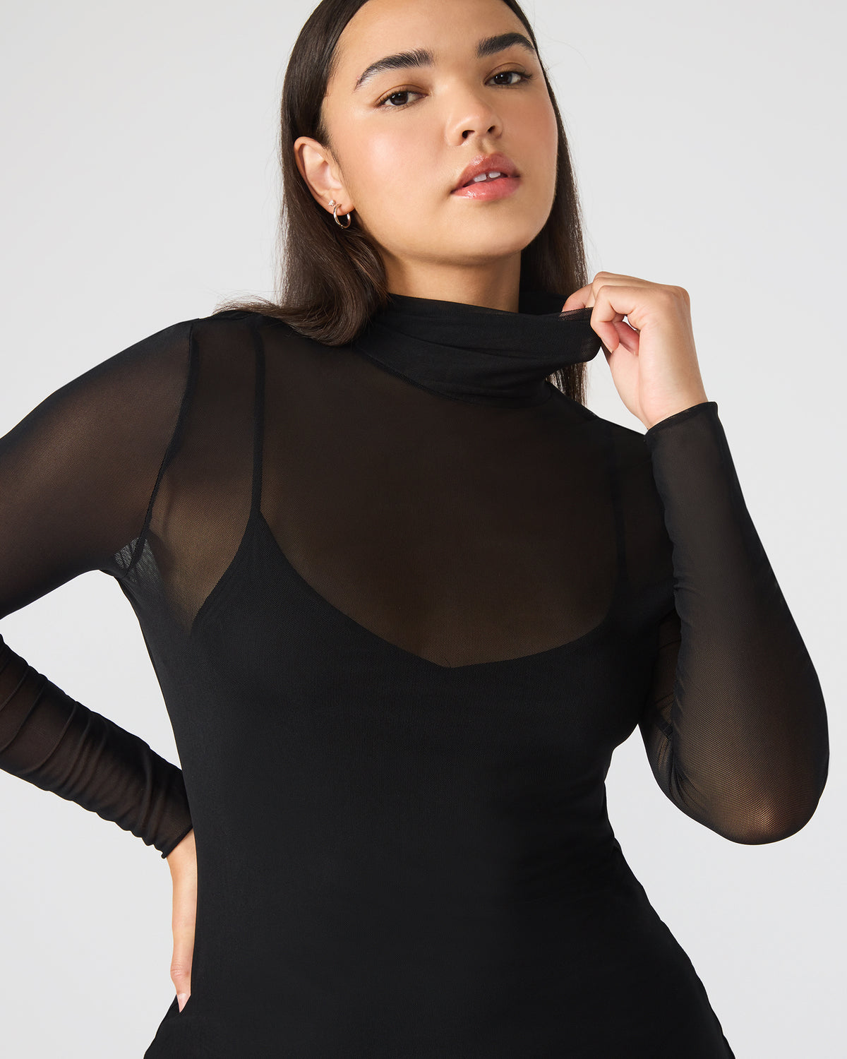 HAILEE Black Long-Sleeved Mesh Pull-On Mock Neck Midi Women's Dress | Steve Madden Exclusive