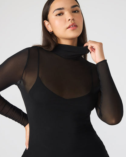 HAILEE Black Long-Sleeved Mesh Pull-On Mock Neck Midi Women's Dress | Steve Madden Exclusive